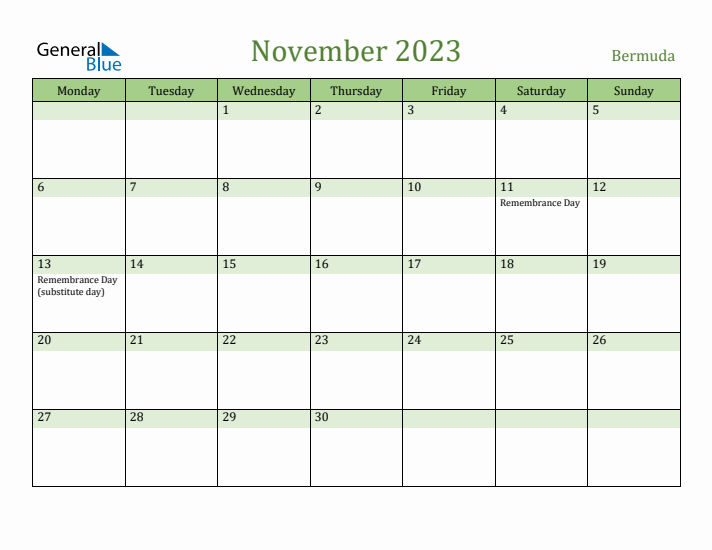 November 2023 Calendar with Bermuda Holidays