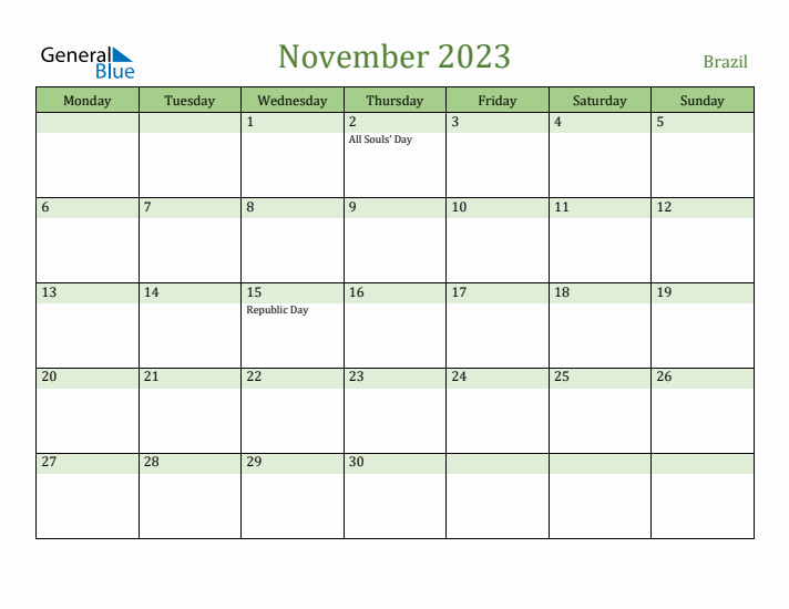 November 2023 Calendar with Brazil Holidays