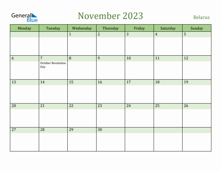 November 2023 Calendar with Belarus Holidays