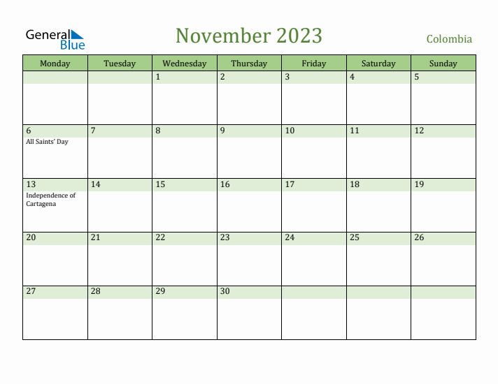 November 2023 Calendar with Colombia Holidays