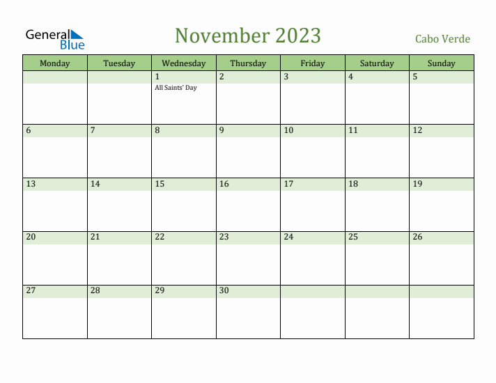 November 2023 Calendar with Cabo Verde Holidays