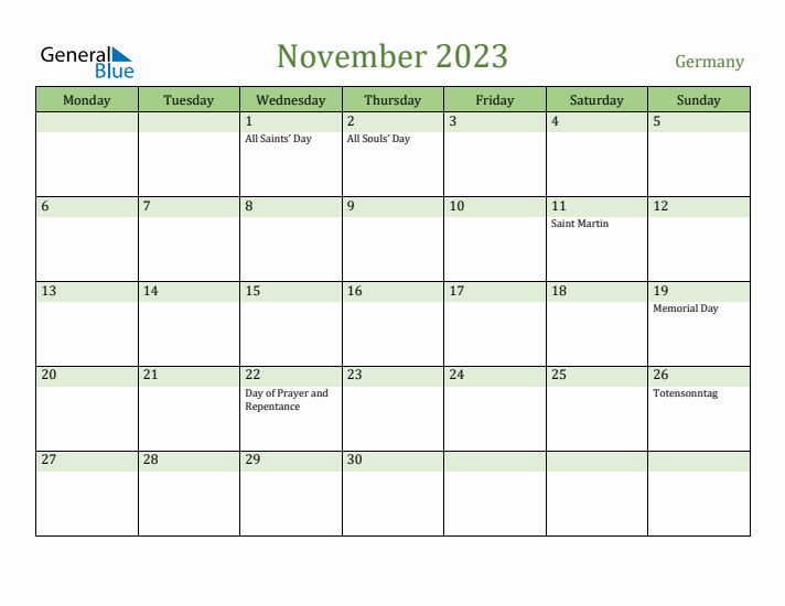 November 2023 Calendar with Germany Holidays
