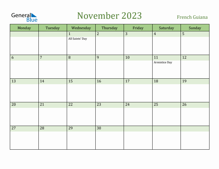 November 2023 Calendar with French Guiana Holidays