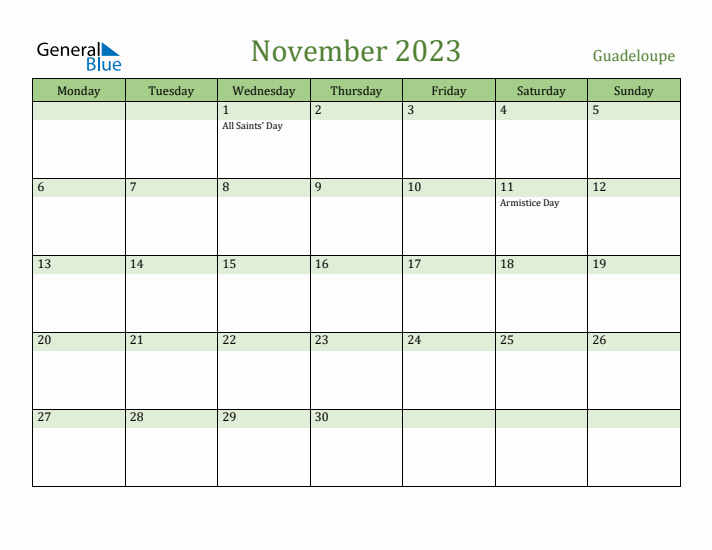 November 2023 Calendar with Guadeloupe Holidays