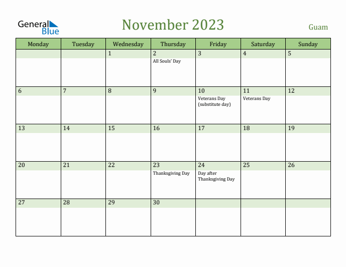 November 2023 Calendar with Guam Holidays