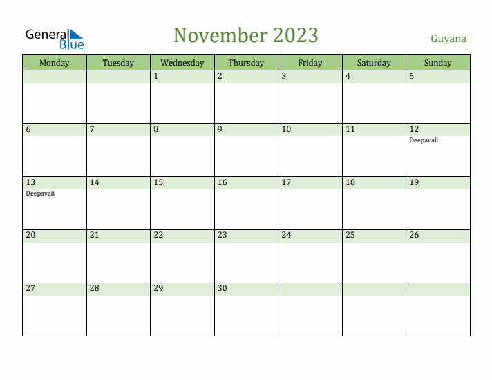 November 2023 Calendar with Guyana Holidays
