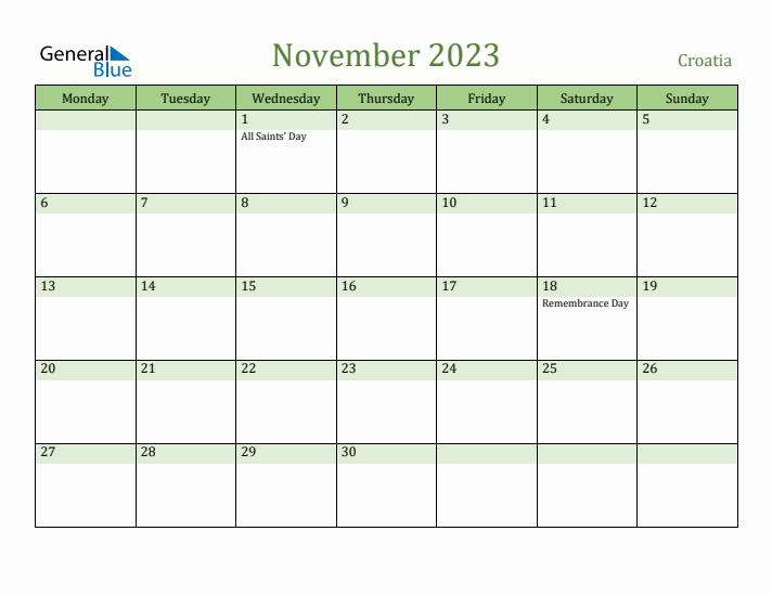 November 2023 Calendar with Croatia Holidays