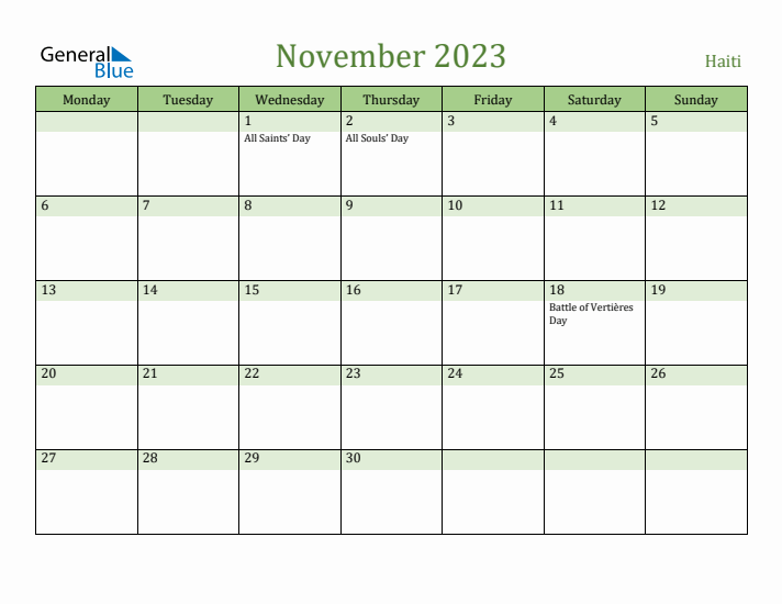 November 2023 Calendar with Haiti Holidays