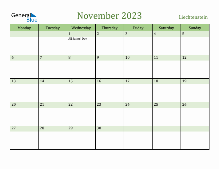 November 2023 Calendar with Liechtenstein Holidays