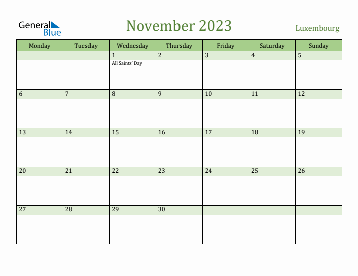 November 2023 Calendar with Luxembourg Holidays