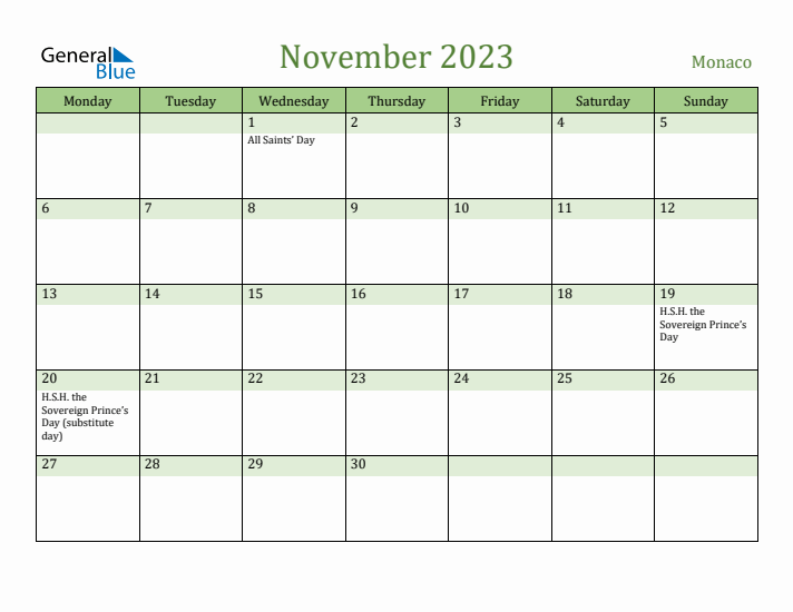 November 2023 Calendar with Monaco Holidays