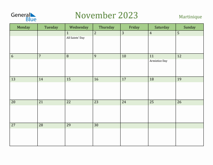 November 2023 Calendar with Martinique Holidays