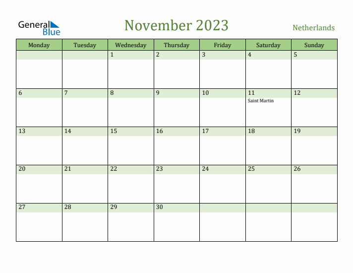 November 2023 Calendar with The Netherlands Holidays