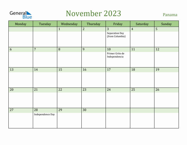 November 2023 Calendar with Panama Holidays