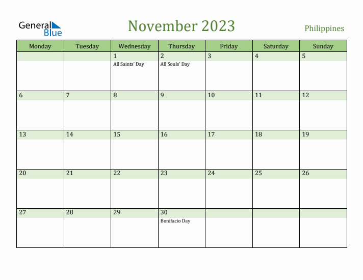 November 2023 Calendar with Philippines Holidays