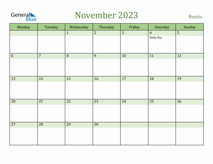 November 2023 Calendar with Russia Holidays