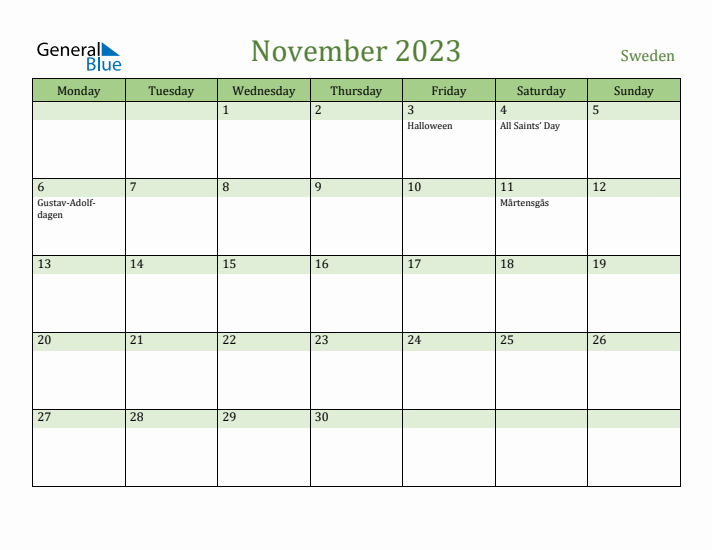 November 2023 Calendar with Sweden Holidays