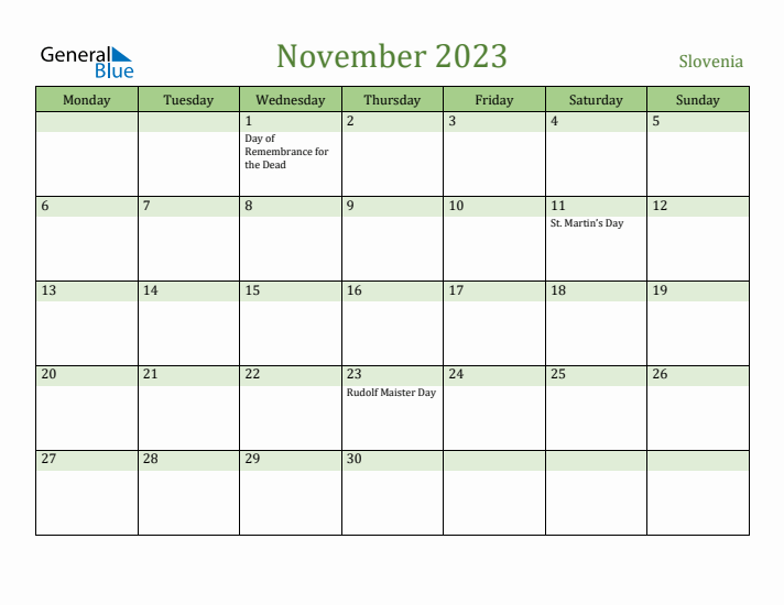 November 2023 Calendar with Slovenia Holidays