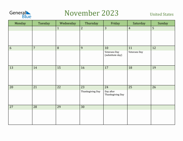 November 2023 Calendar with United States Holidays