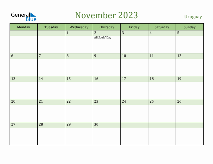 November 2023 Calendar with Uruguay Holidays