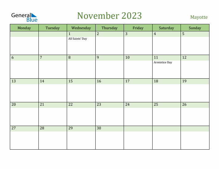 November 2023 Calendar with Mayotte Holidays