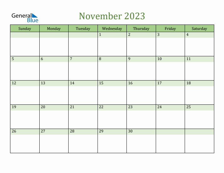 November 2023 Calendar with Sunday Start