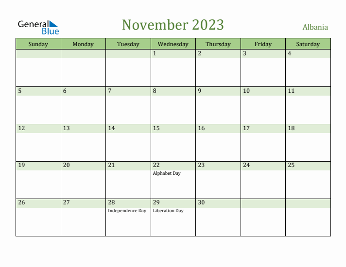 November 2023 Calendar with Albania Holidays
