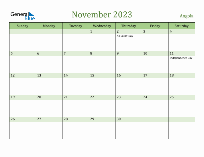 November 2023 Calendar with Angola Holidays