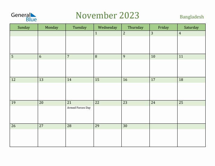 November 2023 Calendar with Bangladesh Holidays