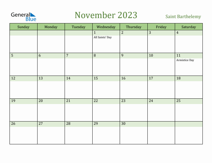November 2023 Calendar with Saint Barthelemy Holidays