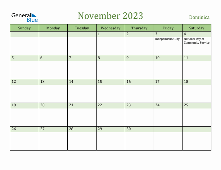November 2023 Calendar with Dominica Holidays
