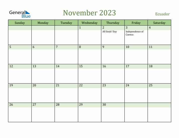 November 2023 Calendar with Ecuador Holidays