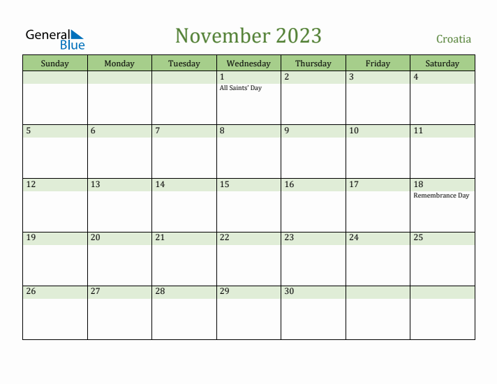 November 2023 Calendar with Croatia Holidays
