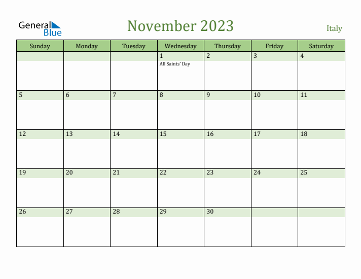 November 2023 Calendar with Italy Holidays