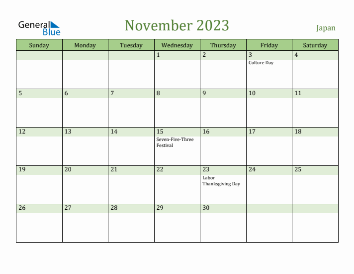 November 2023 Calendar with Japan Holidays