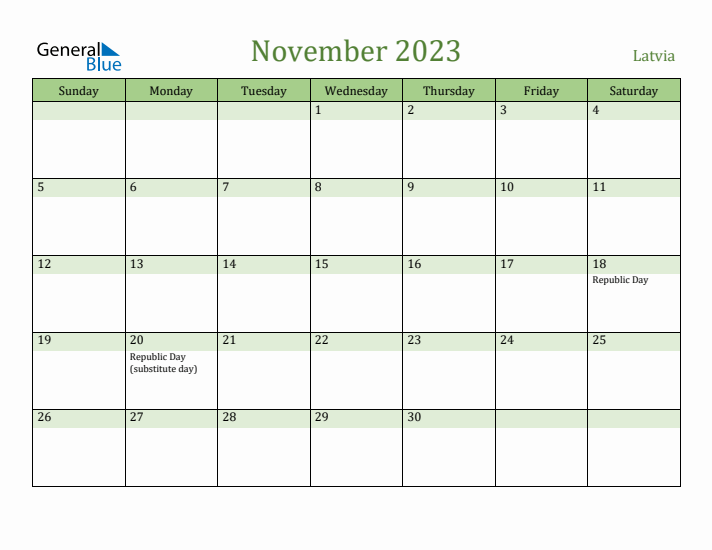 November 2023 Calendar with Latvia Holidays
