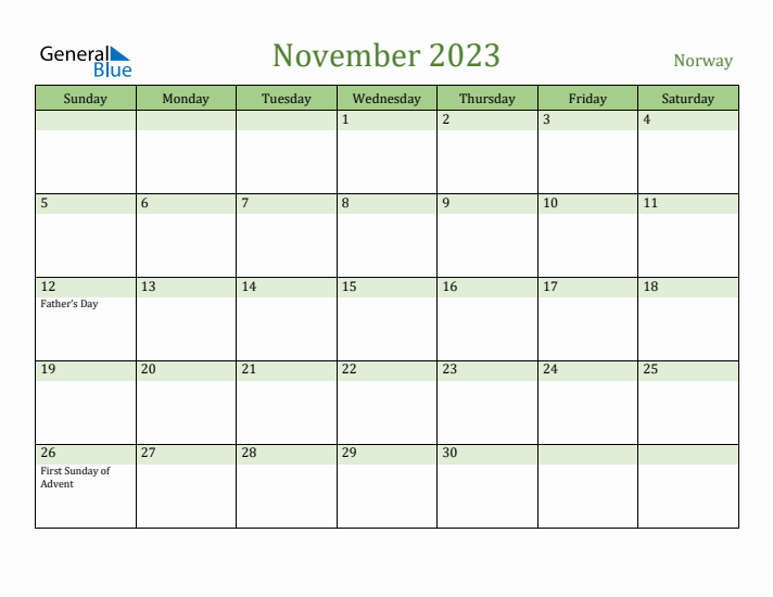 November 2023 Calendar with Norway Holidays
