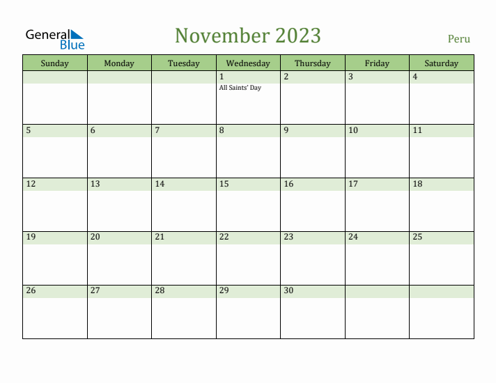 November 2023 Calendar with Peru Holidays