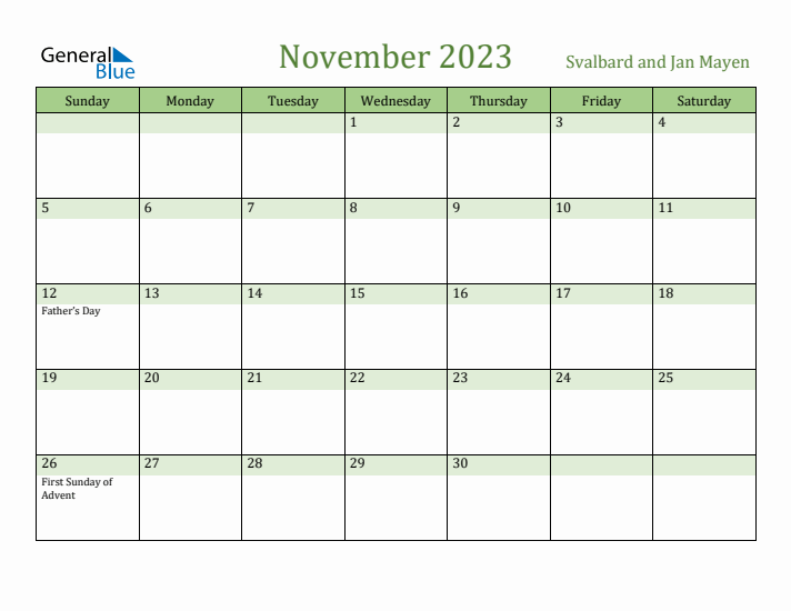 November 2023 Calendar with Svalbard and Jan Mayen Holidays
