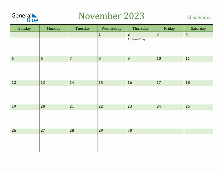 November 2023 Calendar with El Salvador Holidays