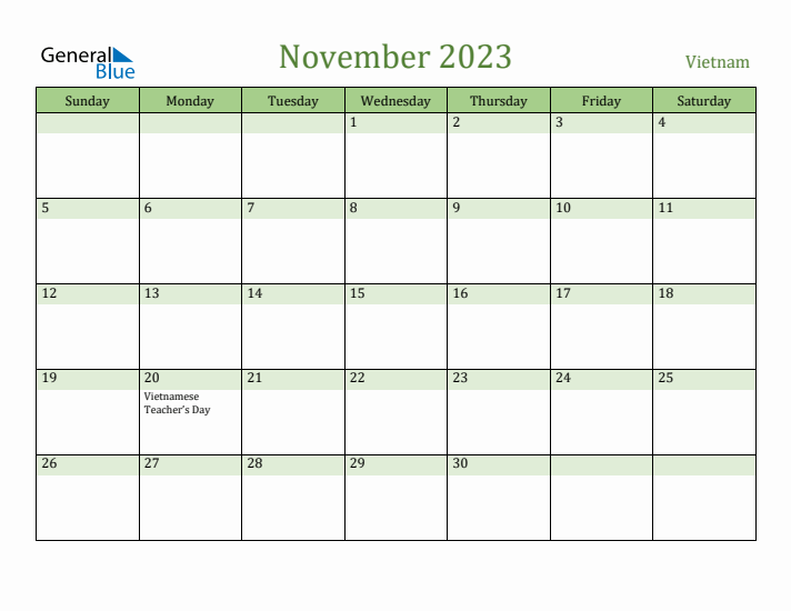 November 2023 Calendar with Vietnam Holidays