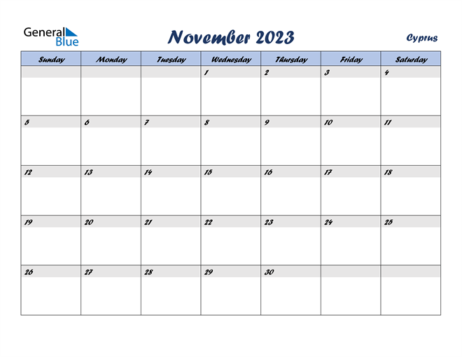 November 2023 Calendar with Cyprus Holidays