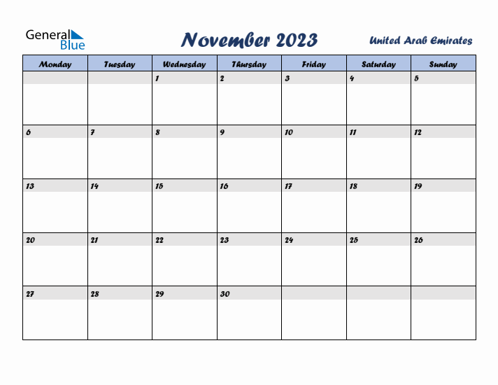 November 2023 Calendar with Holidays in United Arab Emirates