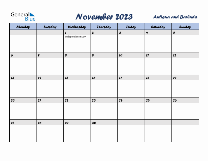 November 2023 Calendar with Holidays in Antigua and Barbuda