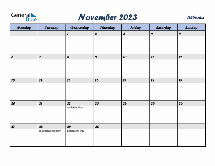 November 2023 Calendar with Holidays in Albania