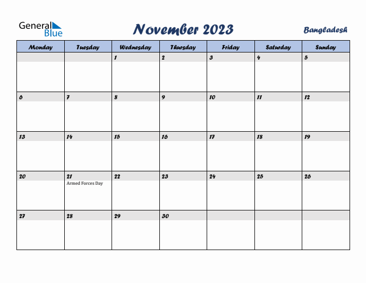 November 2023 Calendar with Holidays in Bangladesh