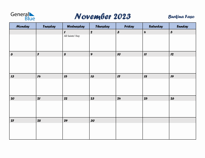 November 2023 Calendar with Holidays in Burkina Faso