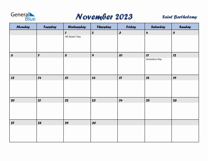 November 2023 Calendar with Holidays in Saint Barthelemy