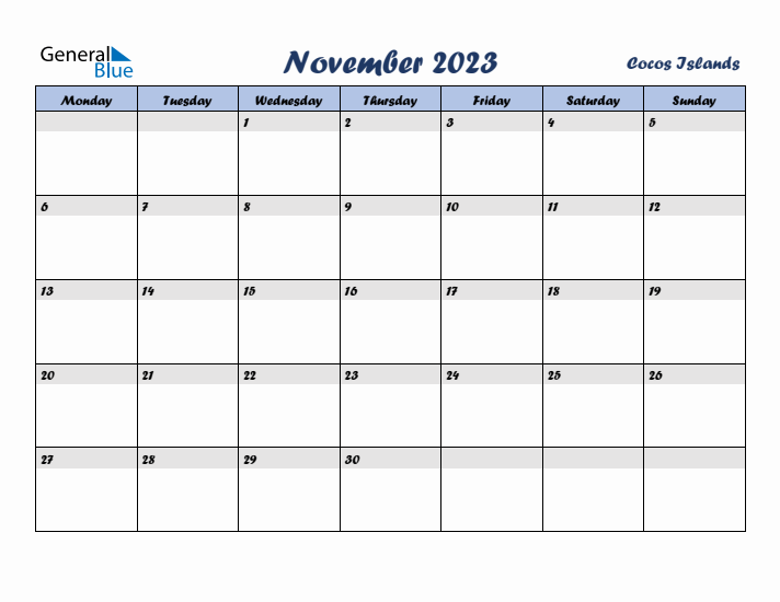 November 2023 Calendar with Holidays in Cocos Islands