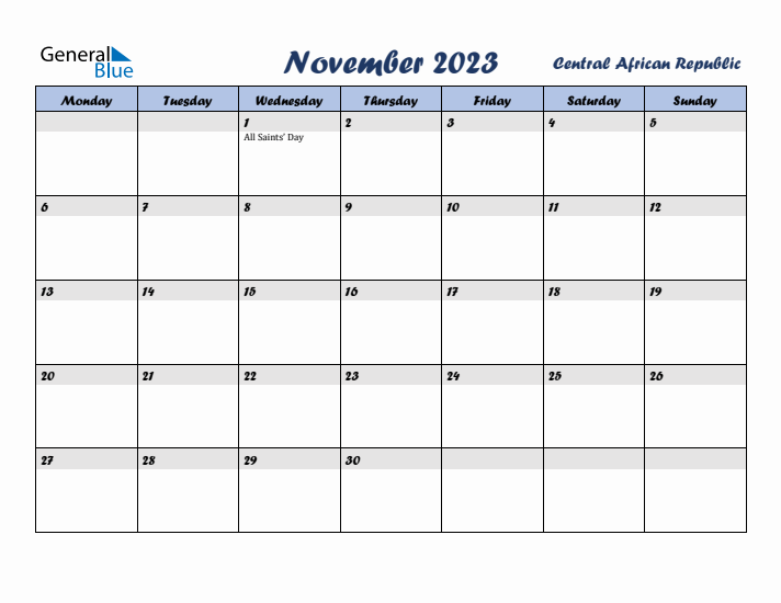 November 2023 Calendar with Holidays in Central African Republic